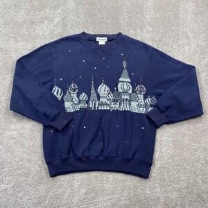 Vintage Jesus Christ Beaded Knit Sweatshirt Sail Away Women's Size L Navy Blue